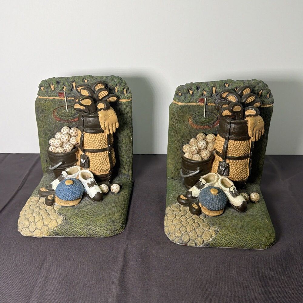 Vintage FIGI Graphics Golf Resin Bookends Bag Clubs Shoes Balls 90s Desk Decor